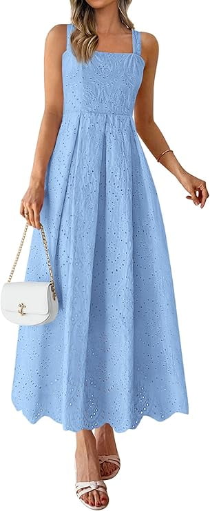 PRETTYGARDEN Womens Sleeveless Maxi Summer Dresses Hollow Out Eyelet Square Neck Ruffle Flowy Beach Vacation Sundress