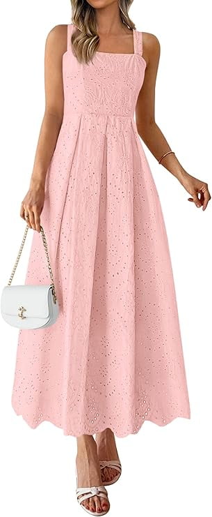 PRETTYGARDEN Womens Sleeveless Maxi Summer Dresses Hollow Out Eyelet Square Neck Ruffle Flowy Beach Vacation Sundress