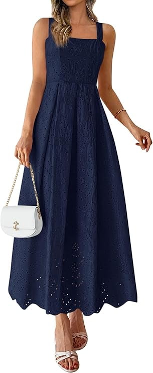 PRETTYGARDEN Womens Sleeveless Maxi Summer Dresses Hollow Out Eyelet Square Neck Ruffle Flowy Beach Vacation Sundress