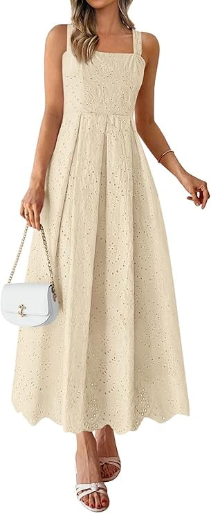 PRETTYGARDEN Womens Sleeveless Maxi Summer Dresses Hollow Out Eyelet Square Neck Ruffle Flowy Beach Vacation Sundress