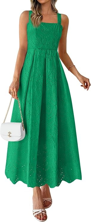 PRETTYGARDEN Womens Sleeveless Maxi Summer Dresses Hollow Out Eyelet Square Neck Ruffle Flowy Beach Vacation Sundress
