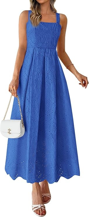 PRETTYGARDEN Womens Sleeveless Maxi Summer Dresses Hollow Out Eyelet Square Neck Ruffle Flowy Beach Vacation Sundress