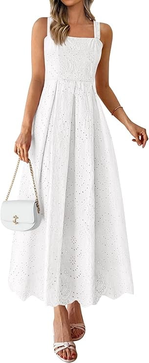 PRETTYGARDEN Womens Sleeveless Maxi Summer Dresses Hollow Out Eyelet Square Neck Ruffle Flowy Beach Vacation Sundress