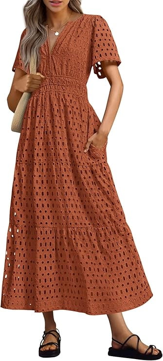 PRETTYGARDEN Womens Summer Maxi Dress Short Sleeve V Neck Hollow Out Eyelet A Line Long Flowy Beach Vacation Dresses