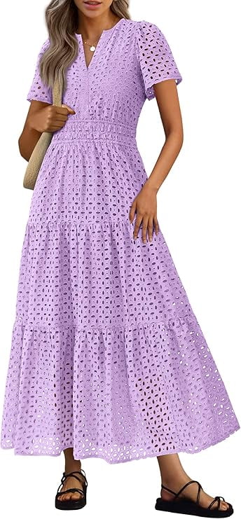 PRETTYGARDEN Womens Summer Maxi Dress Short Sleeve V Neck Hollow Out Eyelet A Line Long Flowy Beach Vacation Dresses