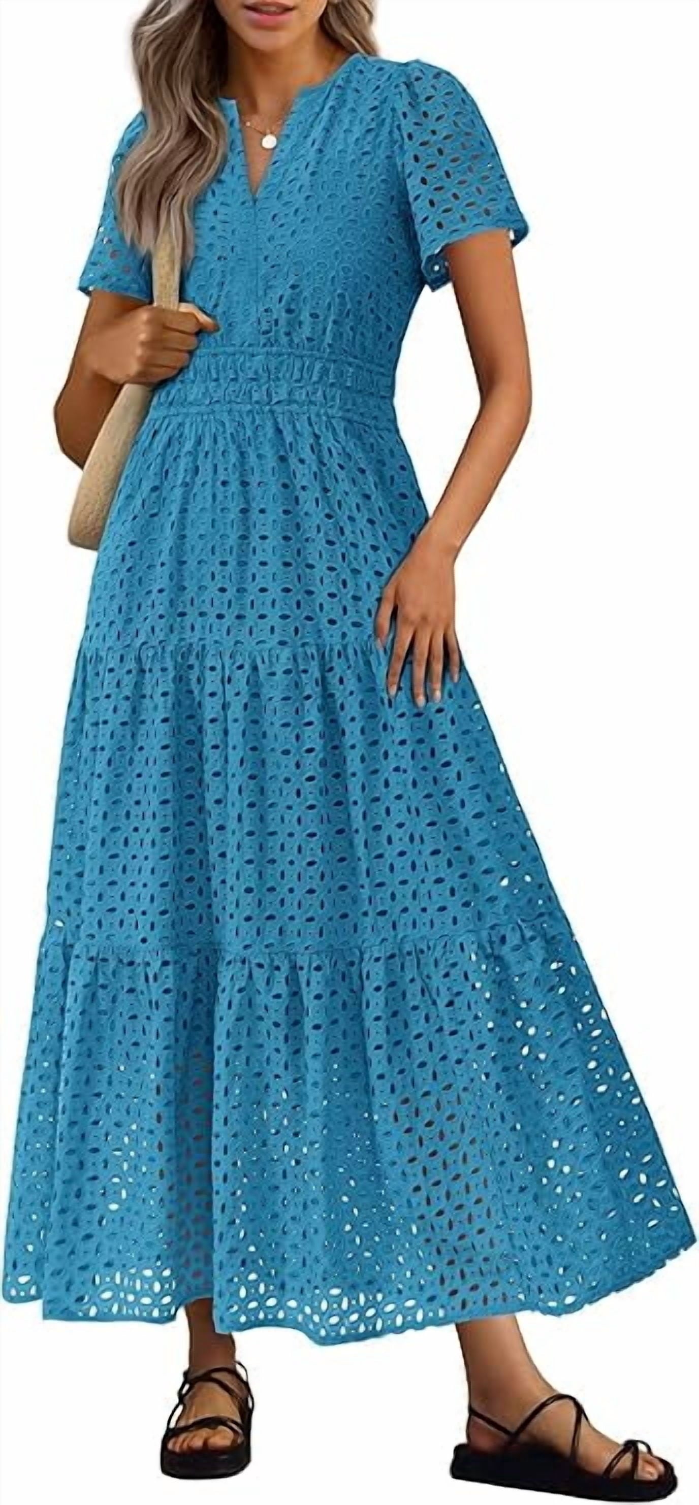 PRETTYGARDEN Womens Summer Maxi Dress Short Sleeve V Neck Hollow Out Eyelet A Line Long Flowy Beach Vacation Dresses