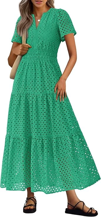 PRETTYGARDEN Womens Summer Maxi Dress Short Sleeve V Neck Hollow Out Eyelet A Line Long Flowy Beach Vacation Dresses