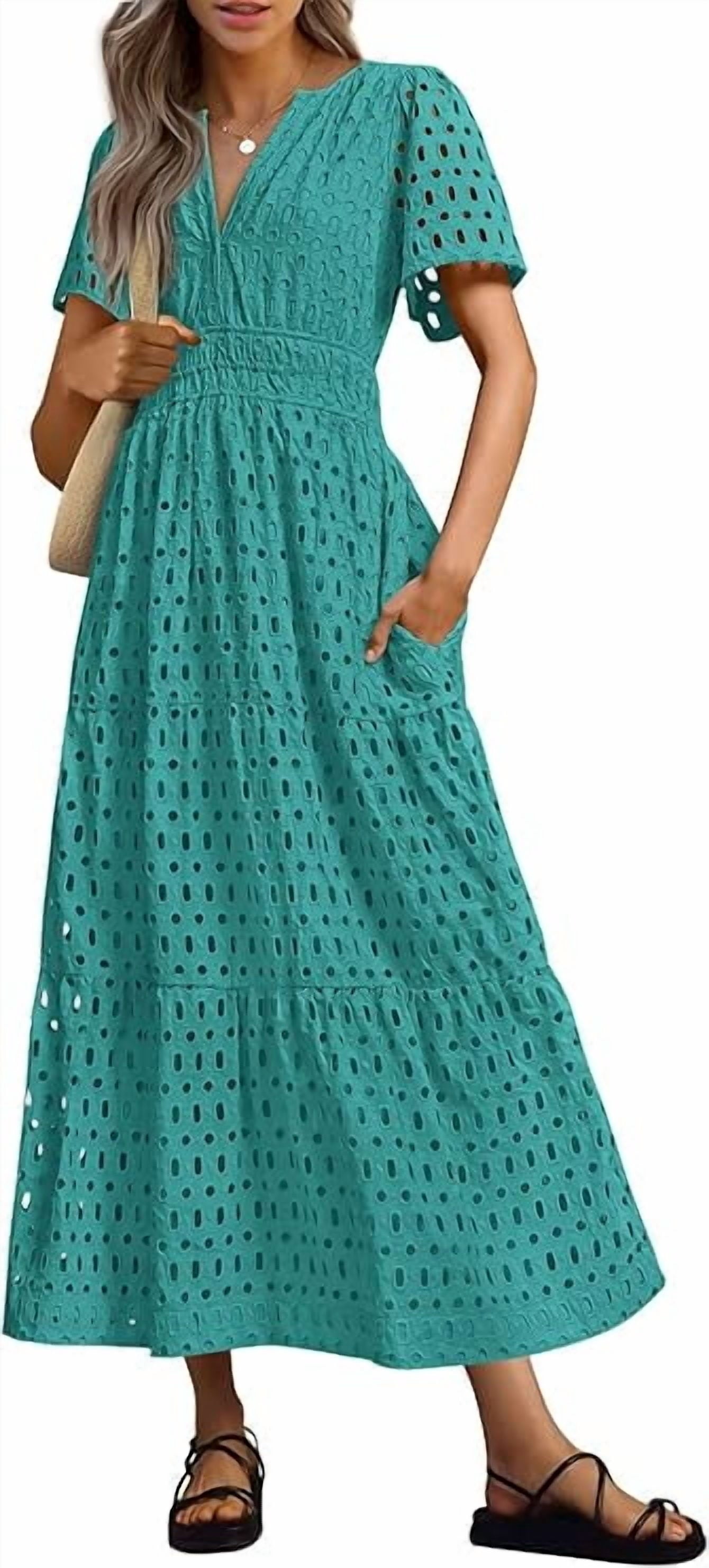 PRETTYGARDEN Womens Summer Maxi Dress Short Sleeve V Neck Hollow Out Eyelet A Line Long Flowy Beach Vacation Dresses