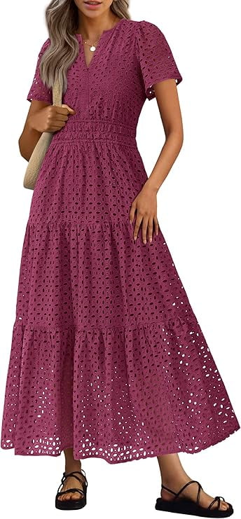 PRETTYGARDEN Womens Summer Maxi Dress Short Sleeve V Neck Hollow Out Eyelet A Line Long Flowy Beach Vacation Dresses