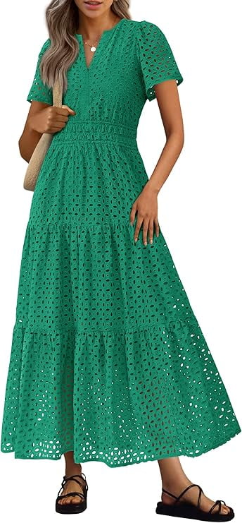 PRETTYGARDEN Womens Summer Maxi Dress Short Sleeve V Neck Hollow Out Eyelet A Line Long Flowy Beach Vacation Dresses