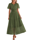 PRETTYGARDEN Womens Summer Maxi Dress Short Sleeve V Neck Hollow Out Eyelet A Line Long Flowy Beach Vacation Dresses