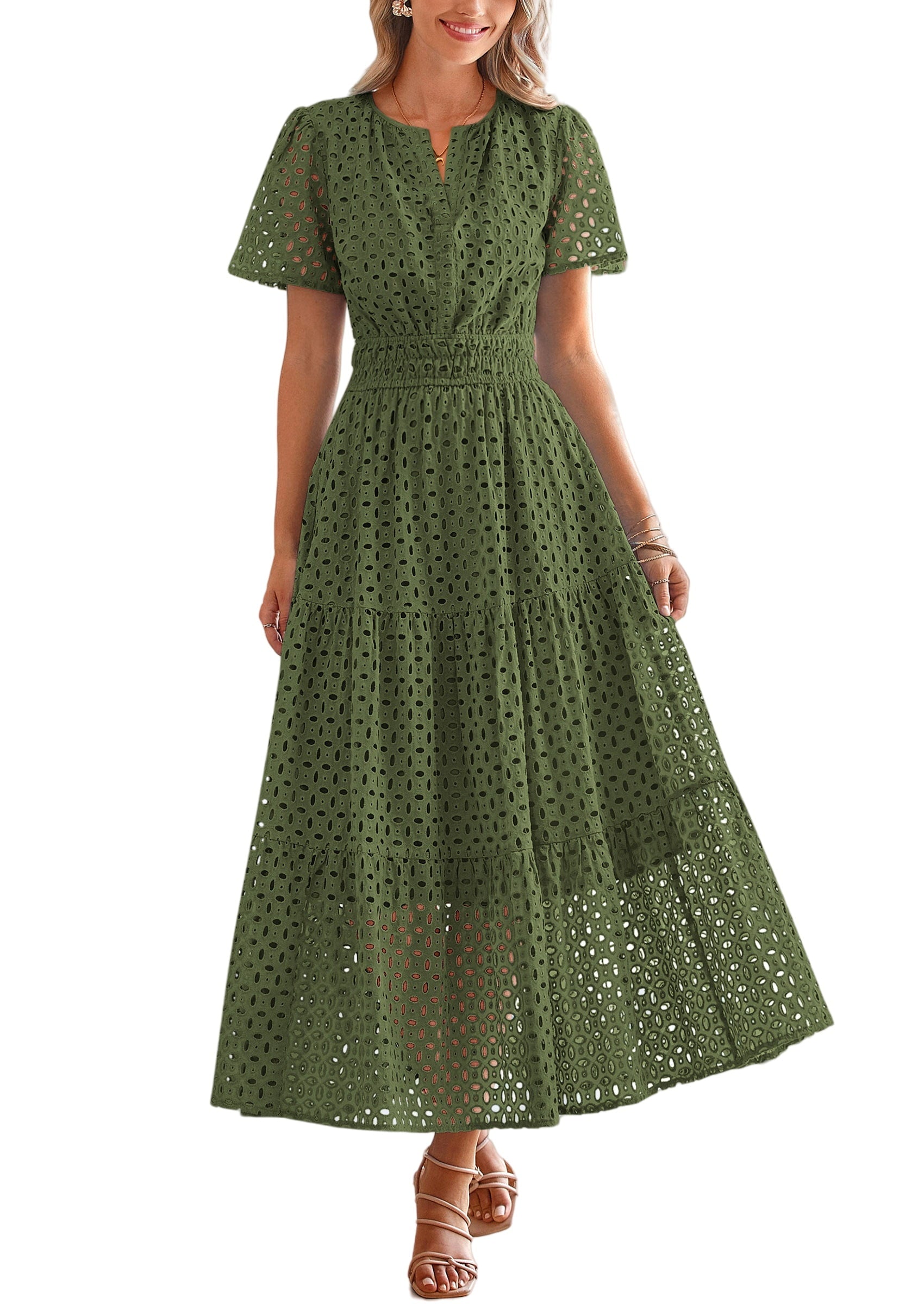 PRETTYGARDEN Womens Summer Maxi Dress Short Sleeve V Neck Hollow Out Eyelet A Line Long Flowy Beach Vacation Dresses