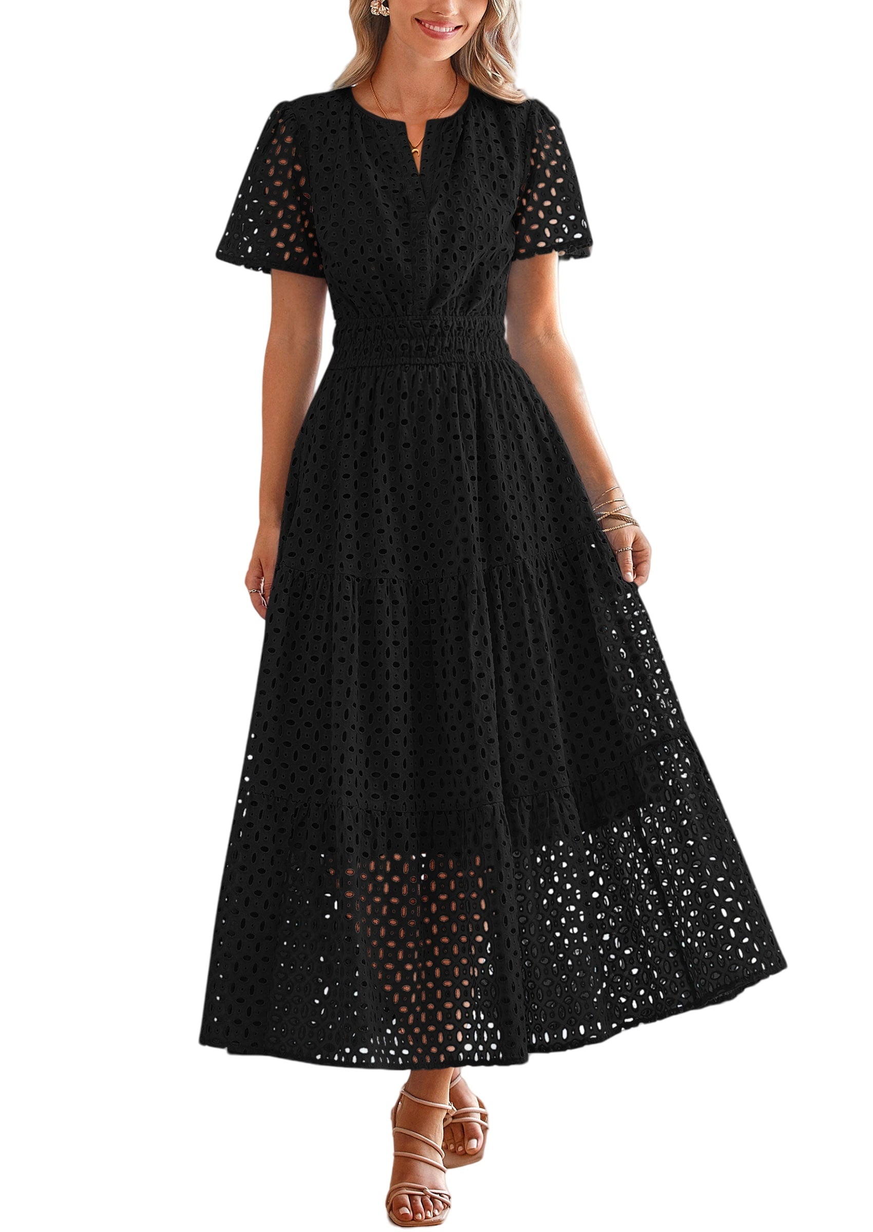 PRETTYGARDEN Womens Summer Maxi Dress Short Sleeve V Neck Hollow Out Eyelet A Line Long Flowy Beach Vacation Dresses