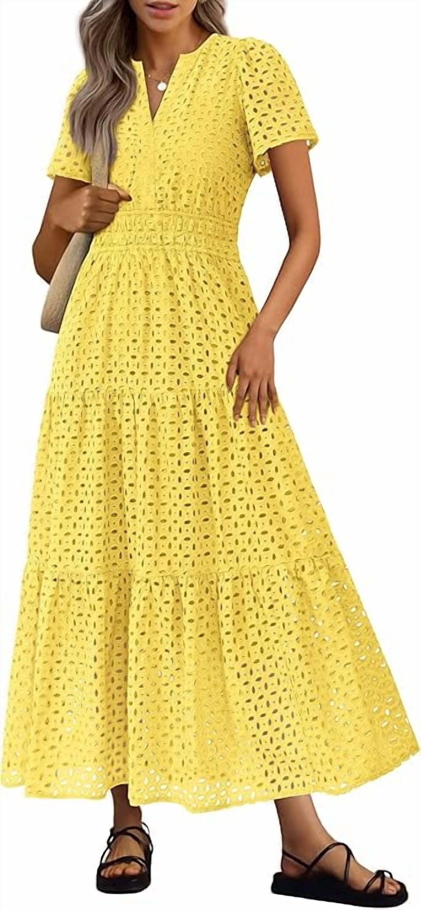 PRETTYGARDEN Womens Summer Maxi Dress Short Sleeve V Neck Hollow Out Eyelet A Line Long Flowy Beach Vacation Dresses