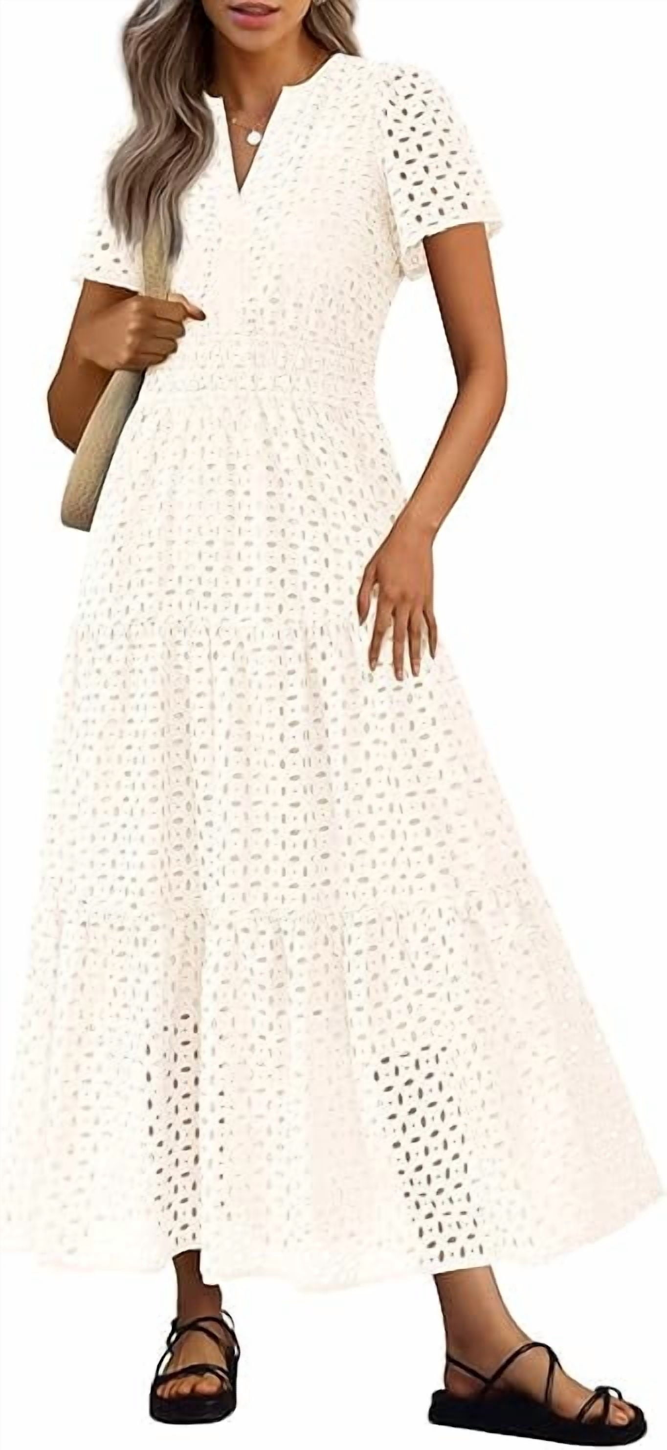PRETTYGARDEN Womens Summer Maxi Dress Short Sleeve V Neck Hollow Out Eyelet A Line Long Flowy Beach Vacation Dresses