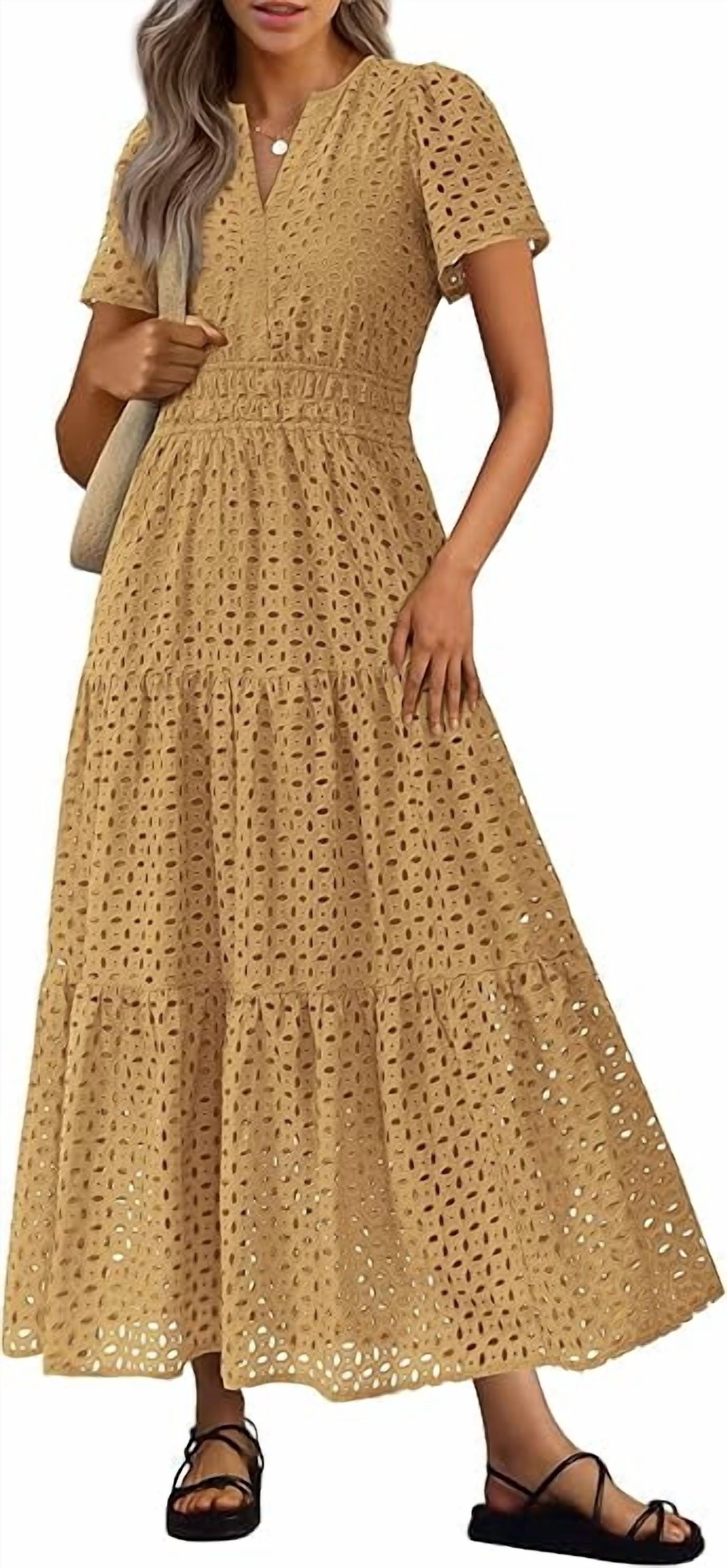 PRETTYGARDEN Womens Summer Maxi Dress Short Sleeve V Neck Hollow Out Eyelet A Line Long Flowy Beach Vacation Dresses