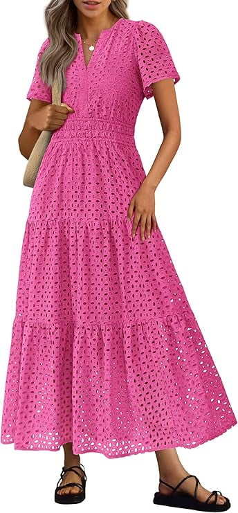 PRETTYGARDEN Womens Summer Maxi Dress Short Sleeve V Neck Hollow Out Eyelet A Line Long Flowy Beach Vacation Dresses