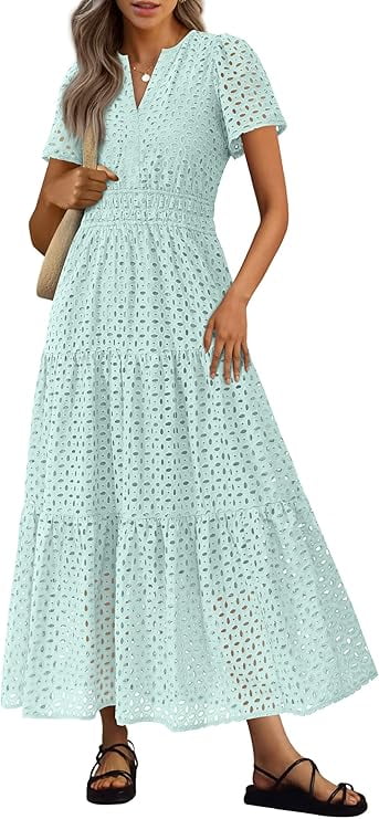 PRETTYGARDEN Womens Summer Maxi Dress Short Sleeve V Neck Hollow Out Eyelet A Line Long Flowy Beach Vacation Dresses