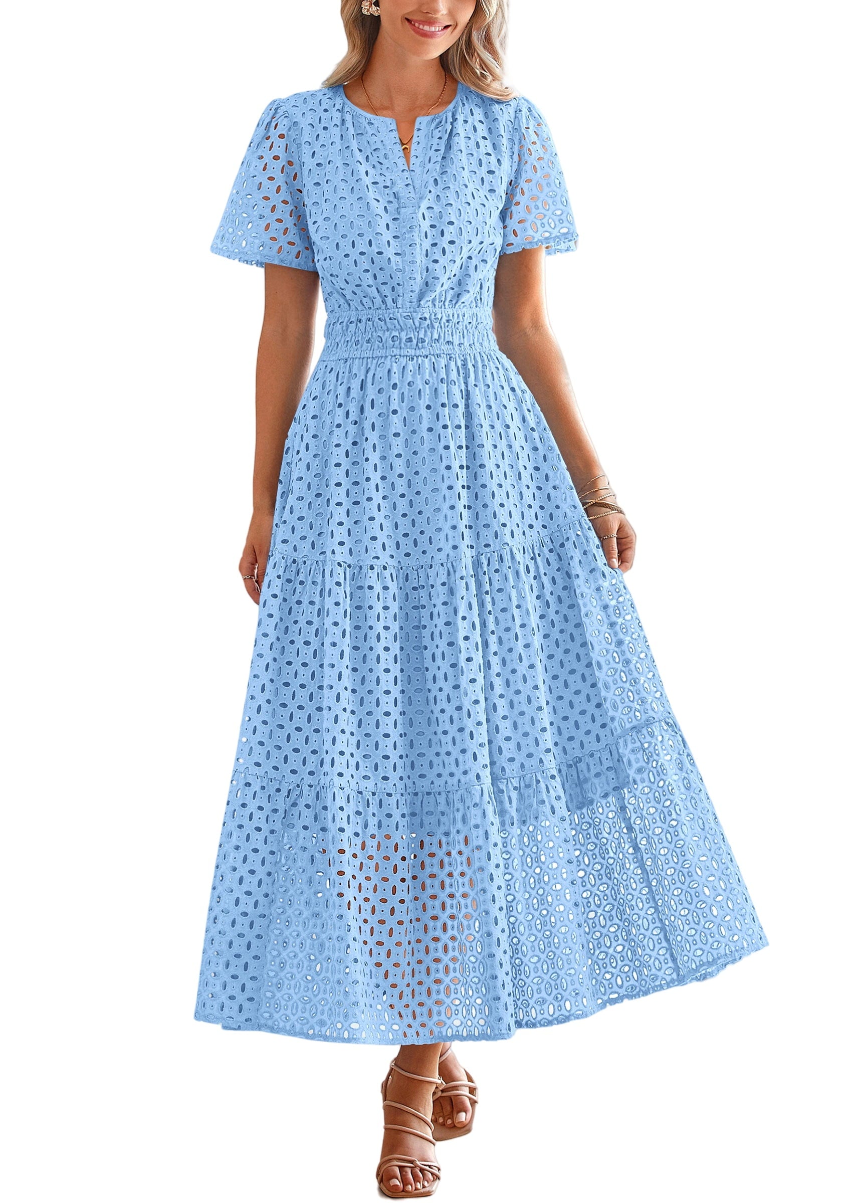 PRETTYGARDEN Womens Summer Maxi Dress Short Sleeve V Neck Hollow Out Eyelet A Line Long Flowy Beach Vacation Dresses