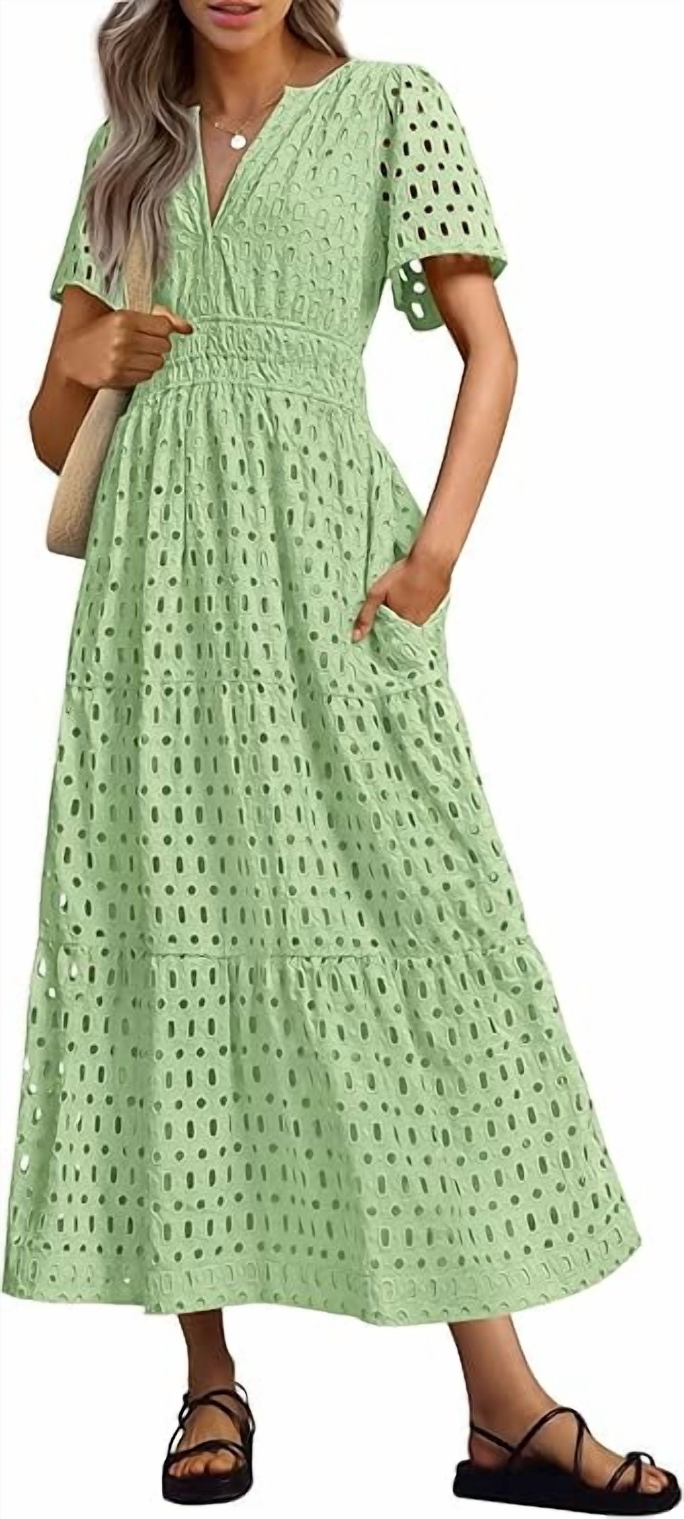 PRETTYGARDEN Womens Summer Maxi Dress Short Sleeve V Neck Hollow Out Eyelet A Line Long Flowy Beach Vacation Dresses