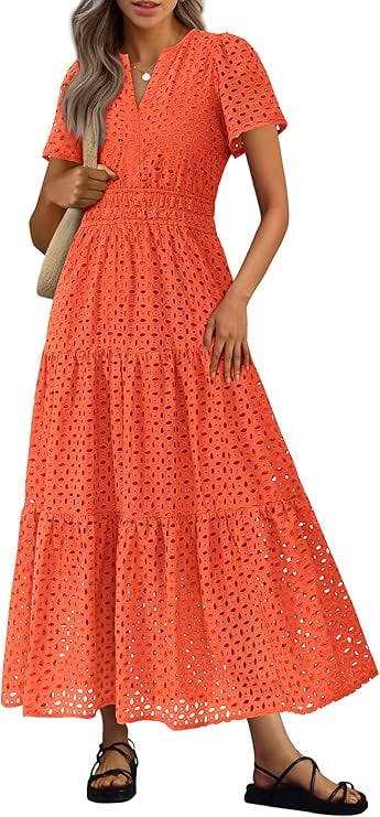 PRETTYGARDEN Womens Summer Maxi Dress Short Sleeve V Neck Hollow Out Eyelet A Line Long Flowy Beach Vacation Dresses