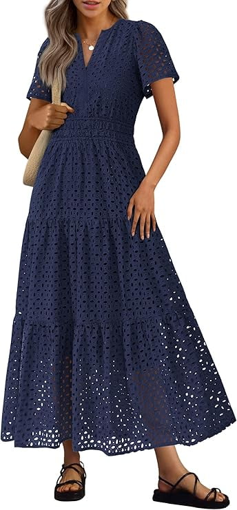 PRETTYGARDEN Womens Summer Maxi Dress Short Sleeve V Neck Hollow Out Eyelet A Line Long Flowy Beach Vacation Dresses