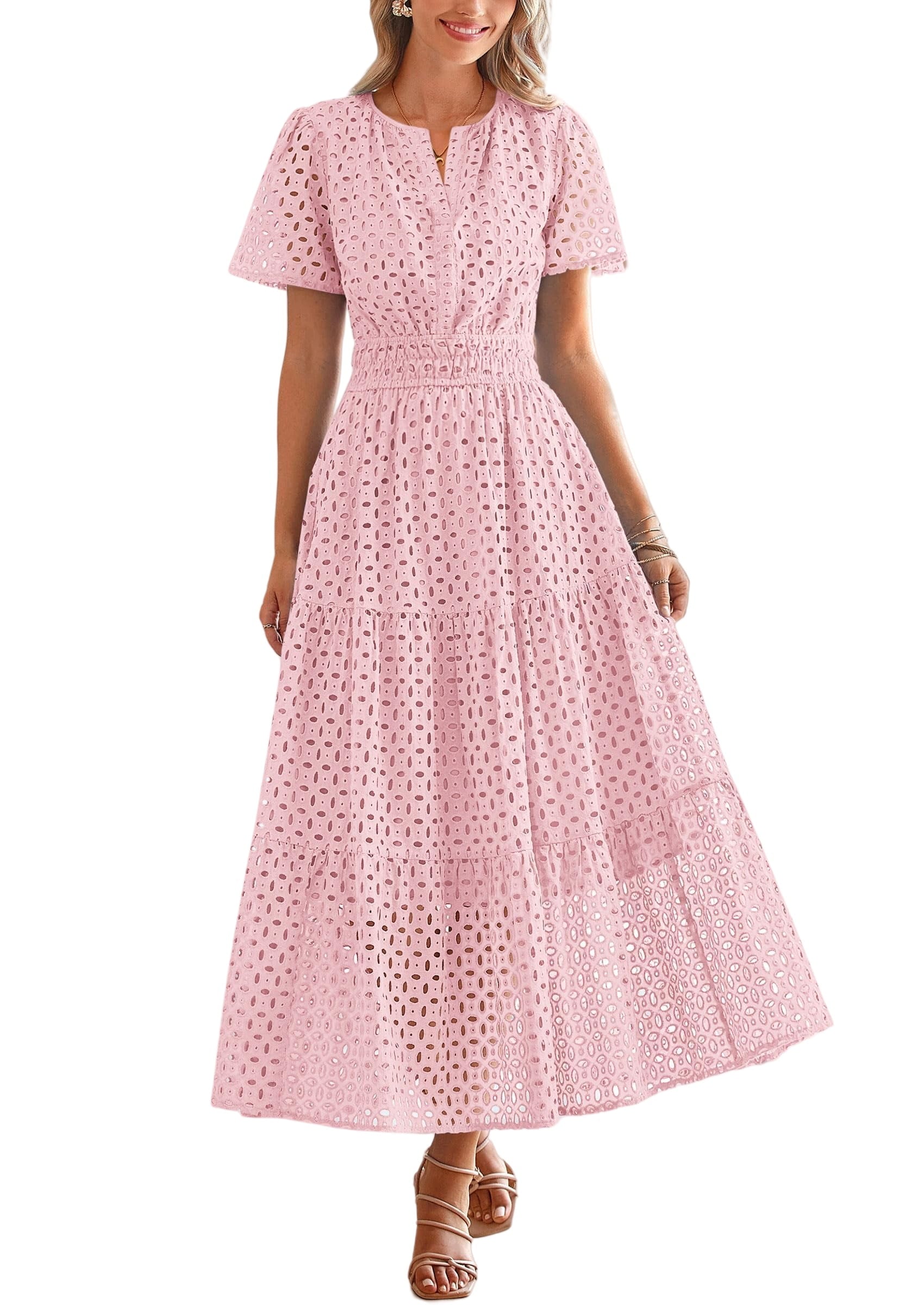 PRETTYGARDEN Womens Summer Maxi Dress Short Sleeve V Neck Hollow Out Eyelet A Line Long Flowy Beach Vacation Dresses