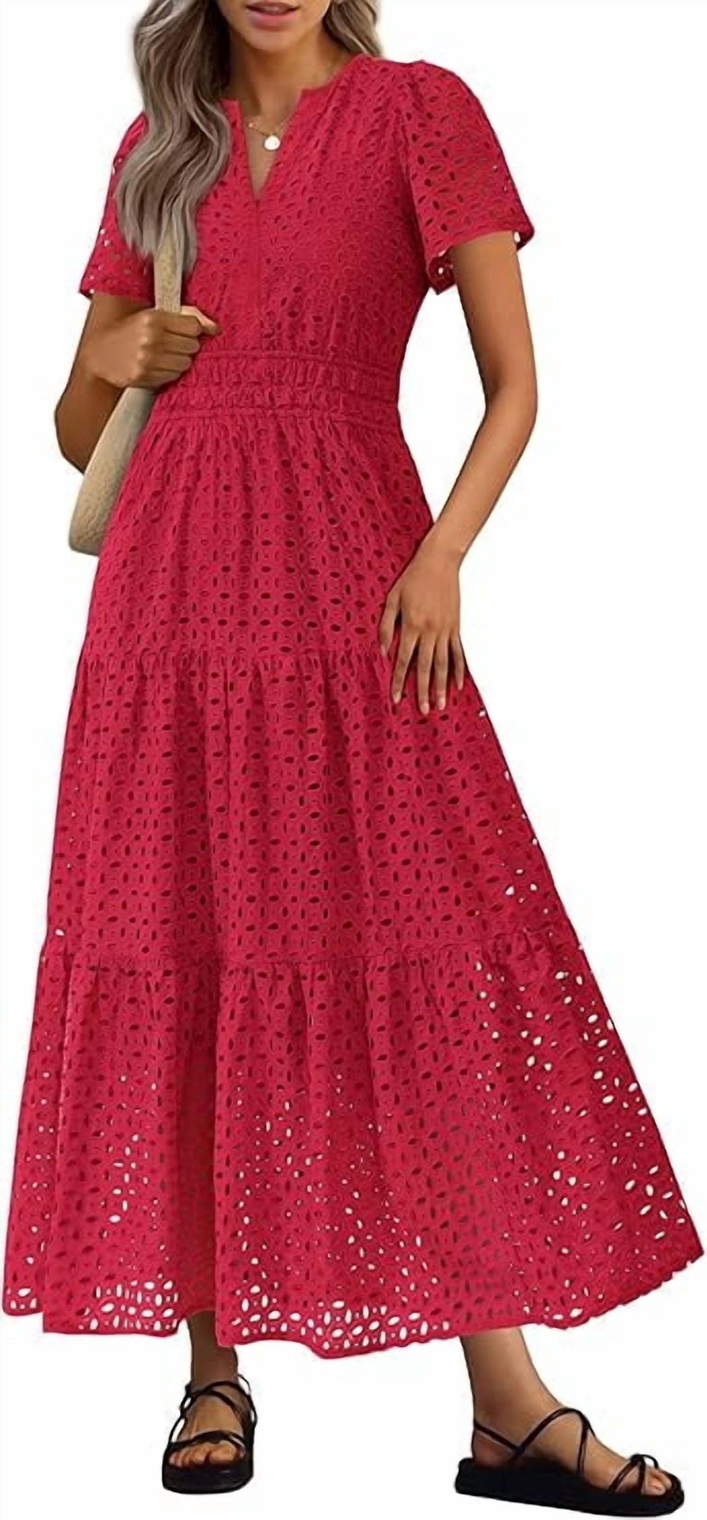 PRETTYGARDEN Womens Summer Maxi Dress Short Sleeve V Neck Hollow Out Eyelet A Line Long Flowy Beach Vacation Dresses