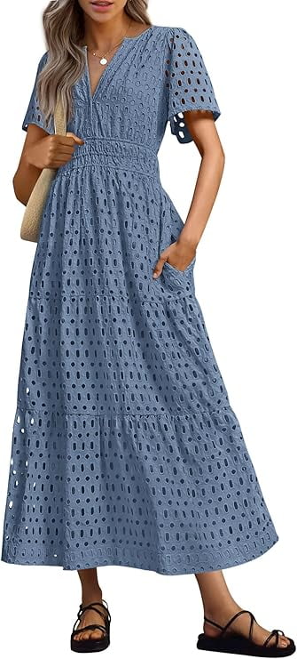 PRETTYGARDEN Womens Summer Maxi Dress Short Sleeve V Neck Hollow Out Eyelet A Line Long Flowy Beach Vacation Dresses