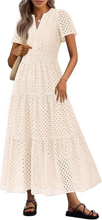 PRETTYGARDEN Womens Summer Maxi Dress Short Sleeve V Neck Hollow Out Eyelet A Line Long Flowy Beach Vacation Dresses