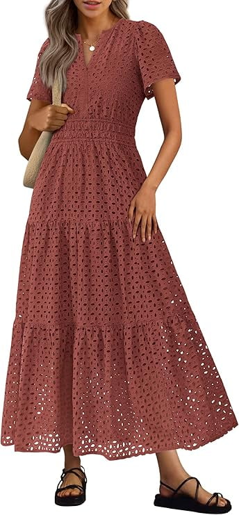 PRETTYGARDEN Womens Summer Maxi Dress Short Sleeve V Neck Hollow Out Eyelet A Line Long Flowy Beach Vacation Dresses