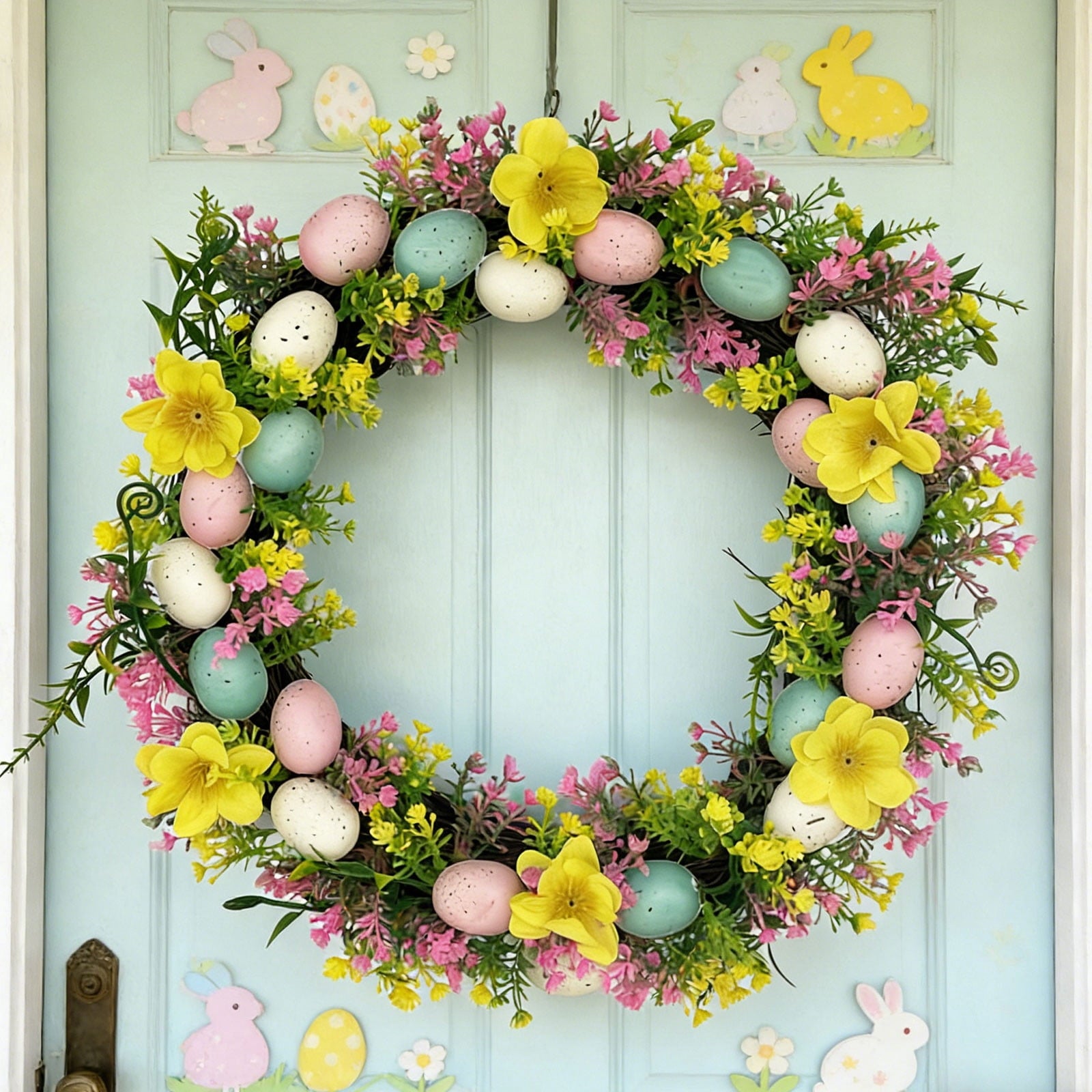 Rijanmt Easter Artificial Flower Wreath With Colorful Eggs,Spring Wreath Hydrangea Daisy Eucalyptus Leaves With Bunny Egg,For Front Door Farmhouse April Holiday Wall Home Window Decor,7.87" Dia