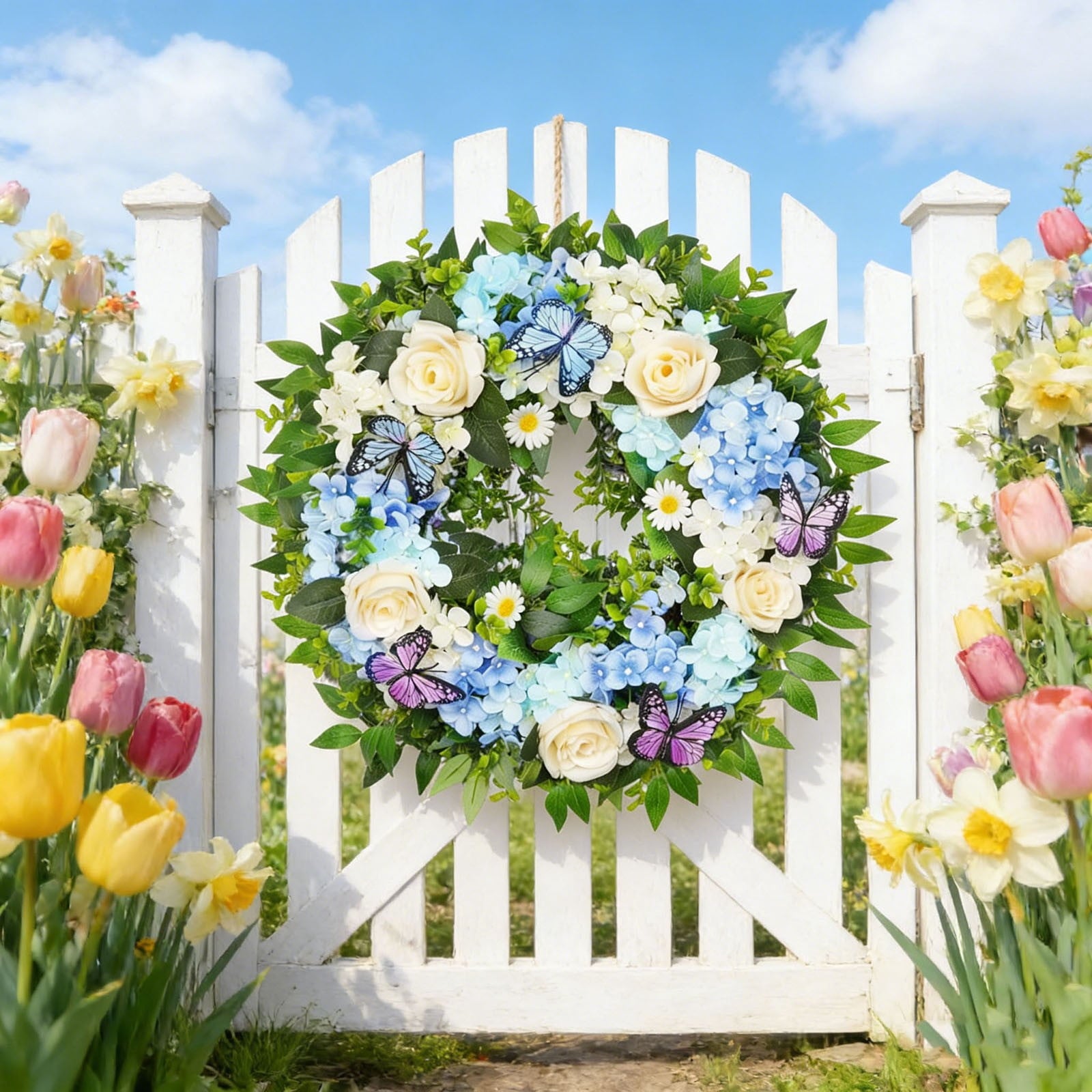 Rijanmt Easter Artificial Flower Wreath With Colorful Eggs,Spring Wreath Hydrangea Daisy Eucalyptus Leaves With Bunny Egg,For Front Door Farmhouse April Holiday Wall Home Window Decor,7.87" Dia