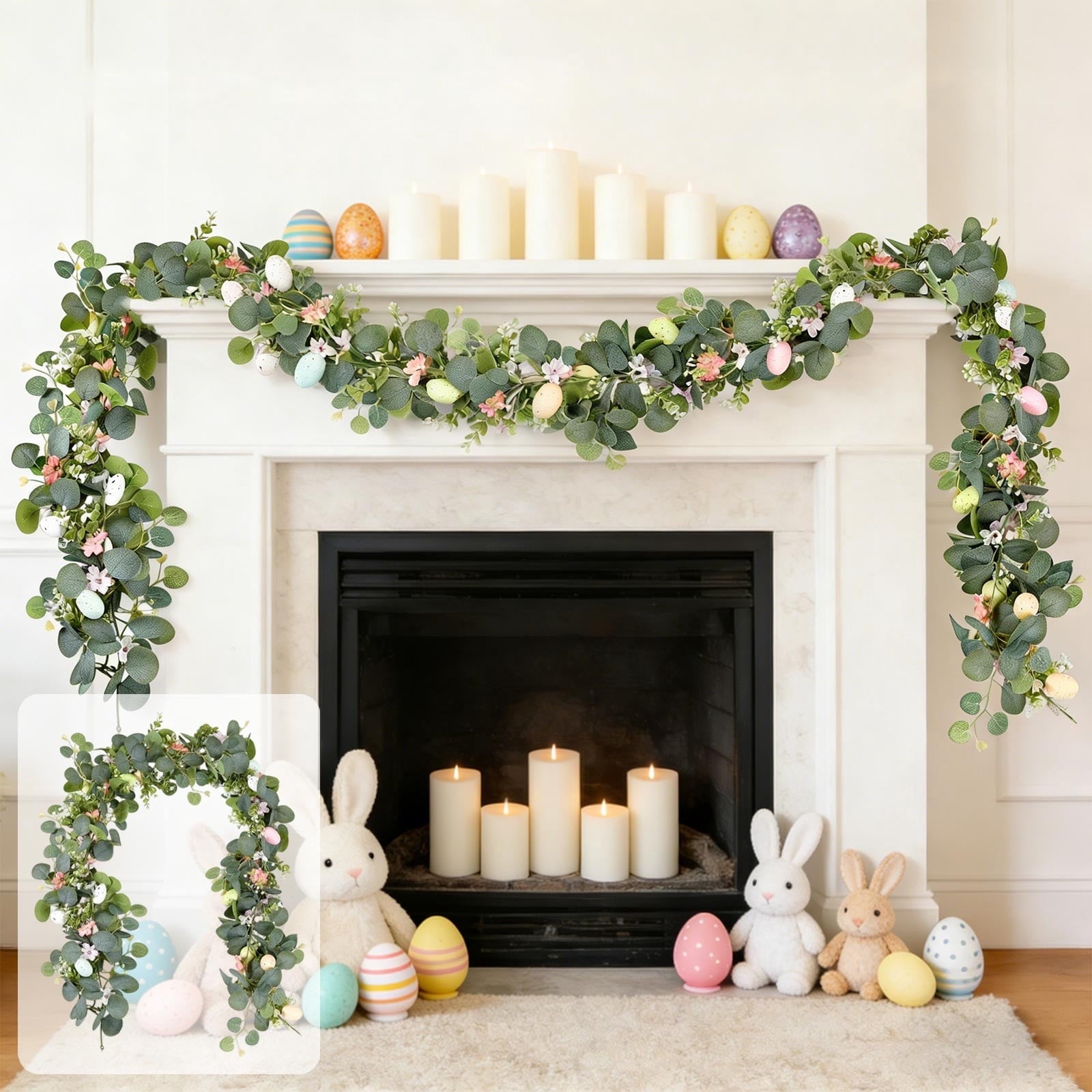 Sruoe Easter Wreath Spring Vine Garland with Faux Eggs, 75-Inch Artificial Spring Vine Decor, Easter Garland for Mantle Door Wall Patio, Easter Decorations for Indoor Outdoor Holiday Decoration