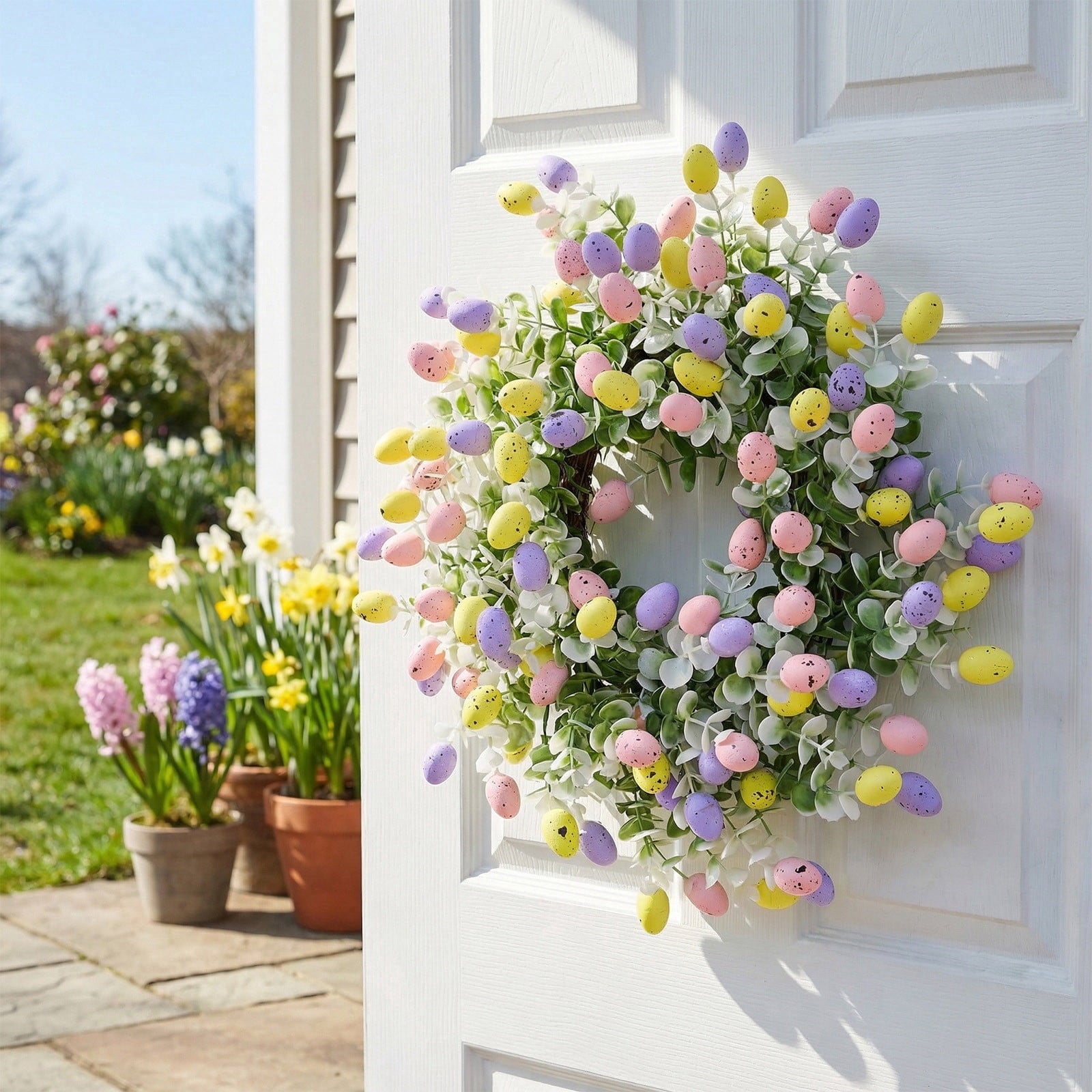 Sruoe Easter Wreath Spring Vine Garland with Faux Eggs, 75-Inch Artificial Spring Vine Decor, Easter Garland for Mantle Door Wall Patio, Easter Decorations for Indoor Outdoor Holiday Decoration