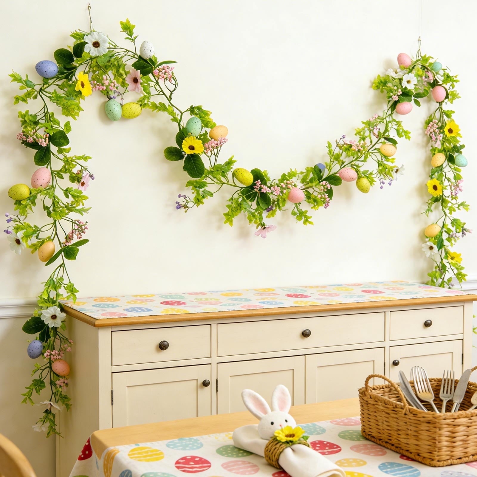 Sruoe Easter Wreath Spring Vine Garland with Faux Eggs, 75-Inch Artificial Spring Vine Decor, Easter Garland for Mantle Door Wall Patio, Easter Decorations for Indoor Outdoor Holiday Decoration