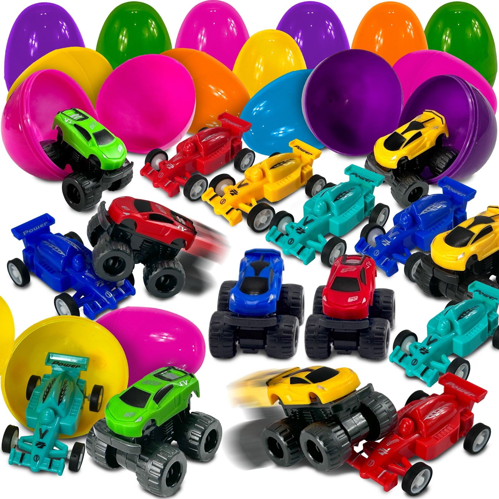 Stargo 8 Pack 3.2" Large Colorful Prefilled Easter Eggs with toys - Racing Cars mini Vehicles pull-back cars, Bright Plastic Easter Eggs Filled Basket Fillers Egg Hunts Party Favors, Boys Goodie Bags