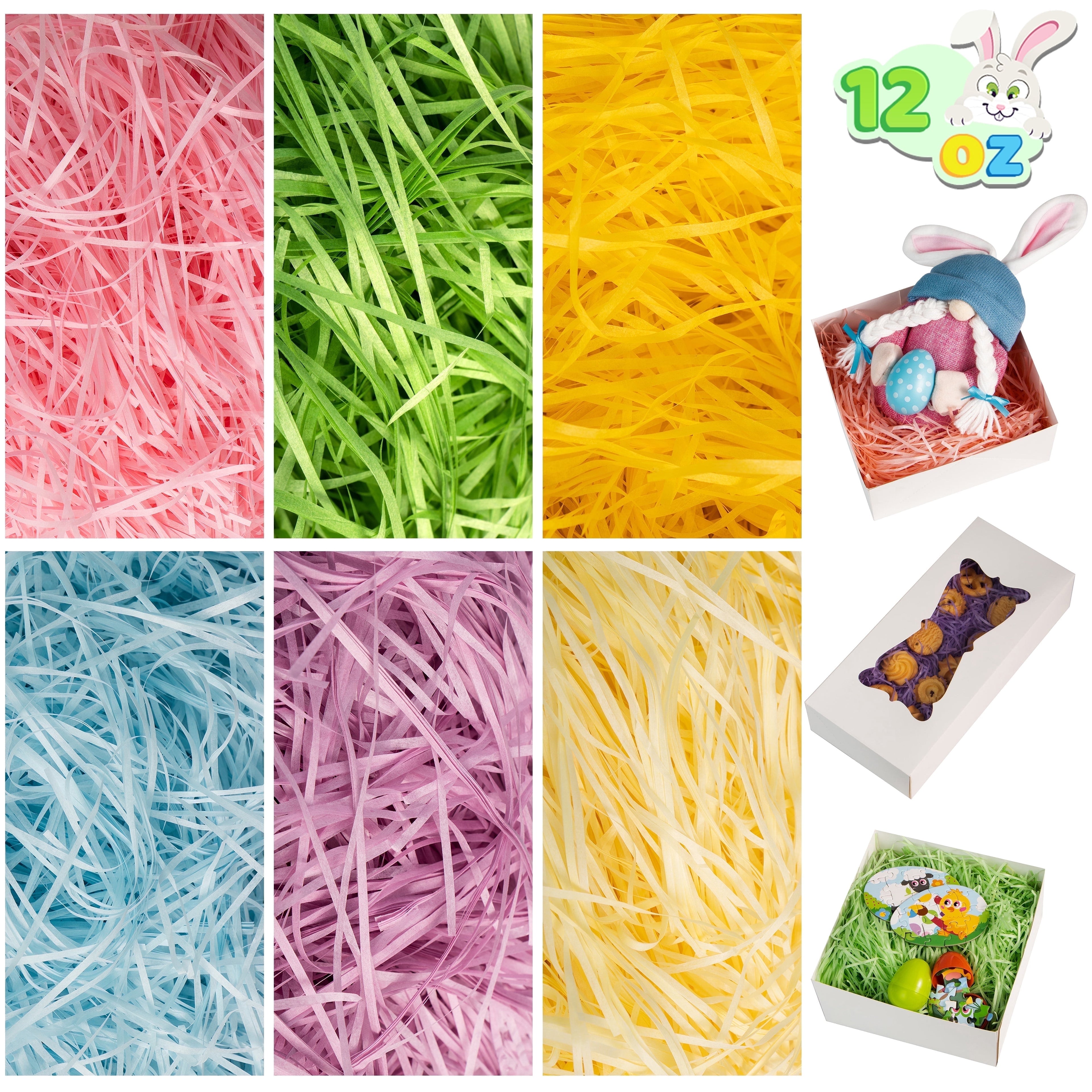 Joyfy 12oz Easter Basket Grass, 6 colors Crinkle Cut Tissue Paper, Recyclable Craft Shred Confetti Raffia Paper for Easter Basket Filler Stuffers for Easter Egg Hunt Party Favor Gift Decor