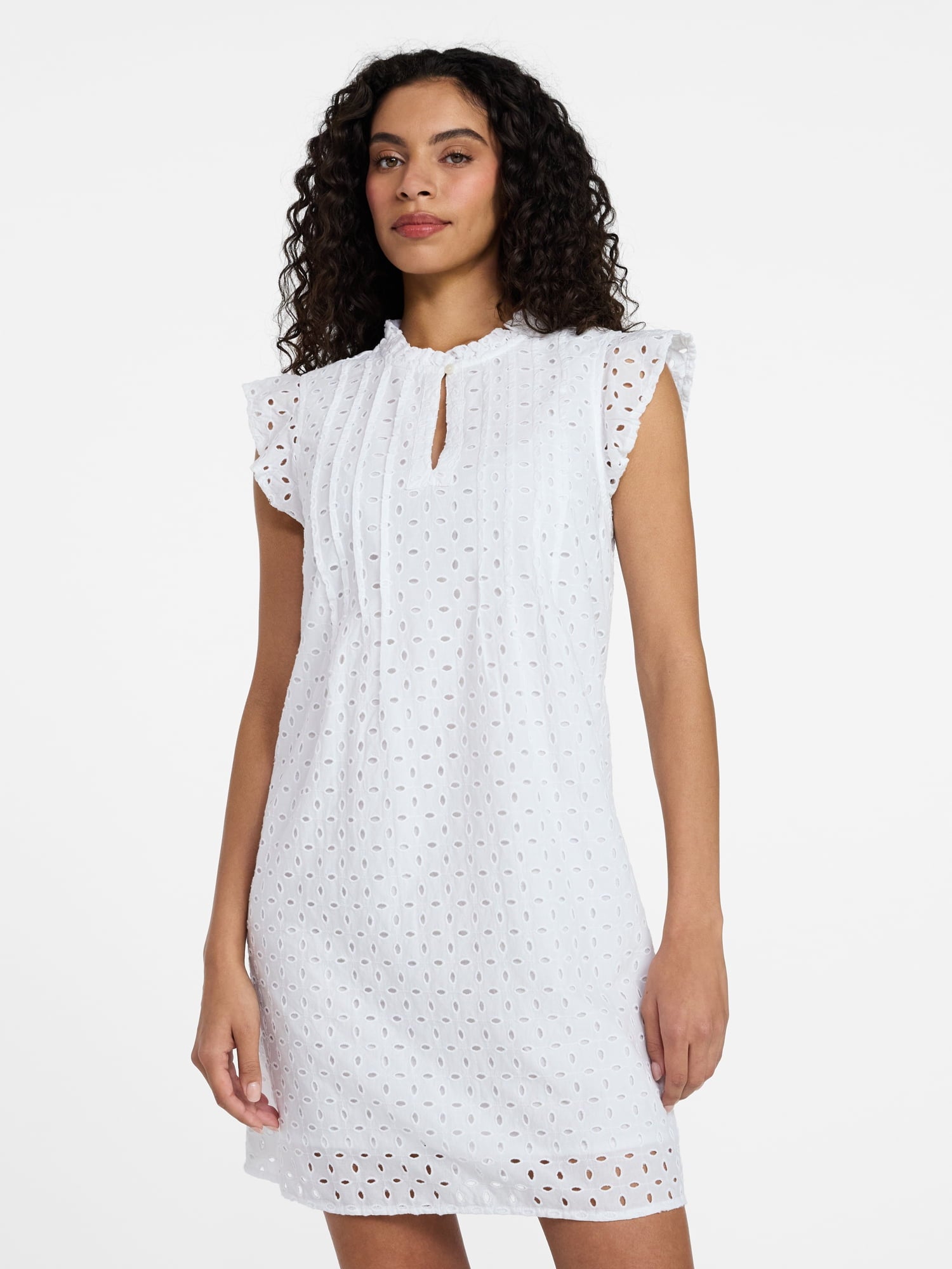 Time and Tru Women's Cotton Eyelet Mini Dress with Flutter Sleeves, Sizes XS-XXXL