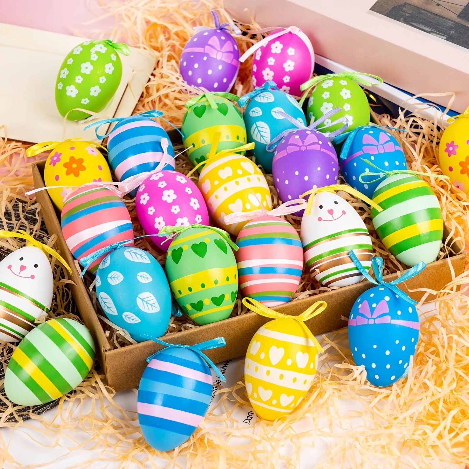 Tarmeek 24pcs Hanging Easter Eggs, 1.57 Inch Painted Plastic Easter Decor Ornaments with Loops for Tree & Wreath Decor, Multicolor Easter Decorations Spring Set for Easter Hunt Easter Basket Stuffers