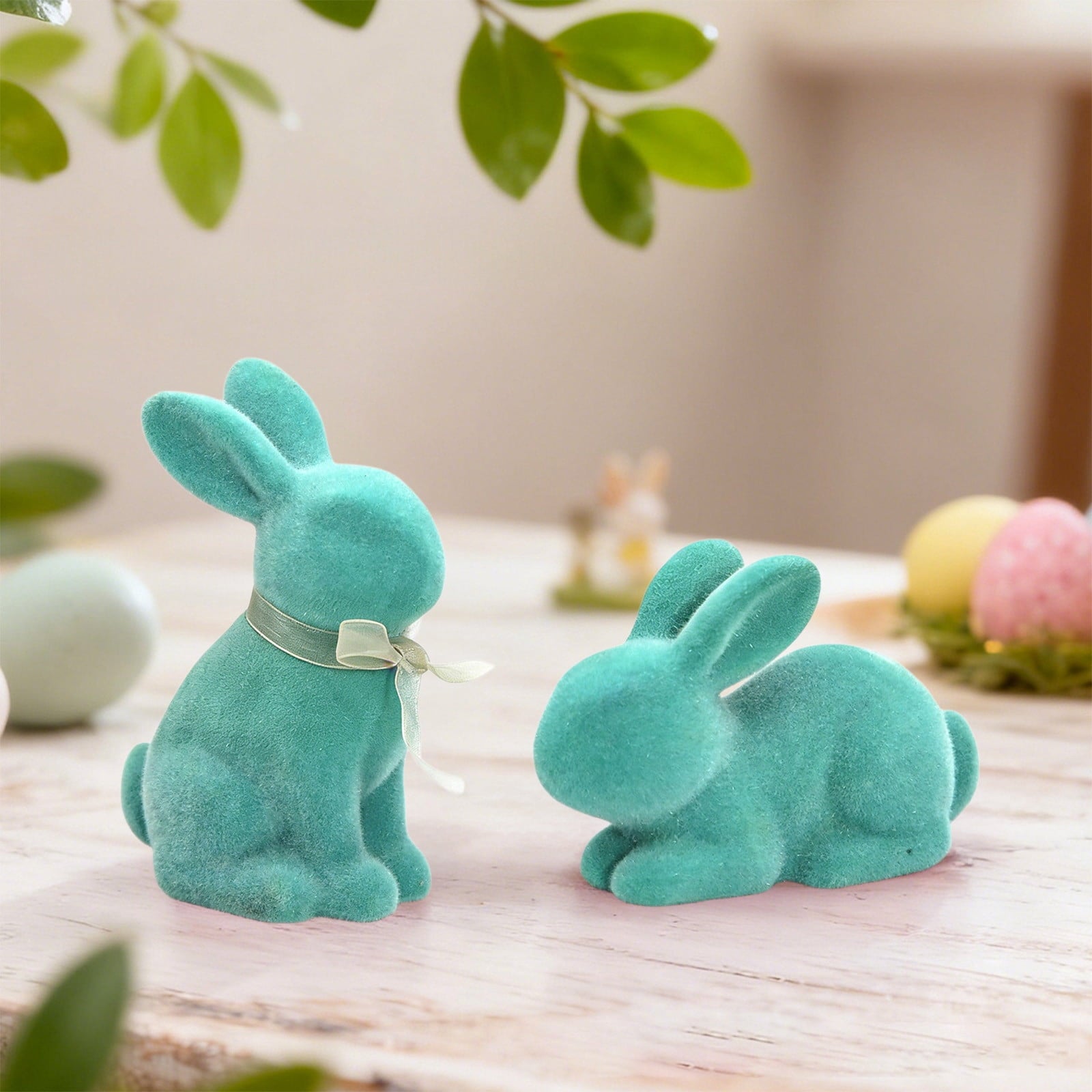 Tyidzon Easter Bunny Figurines, Resin Moss Rabbit Statues Easter Decorations, Flocked Bunny Easter Ornaments for Home Spring Tabletop Outdoor, 4.3"
