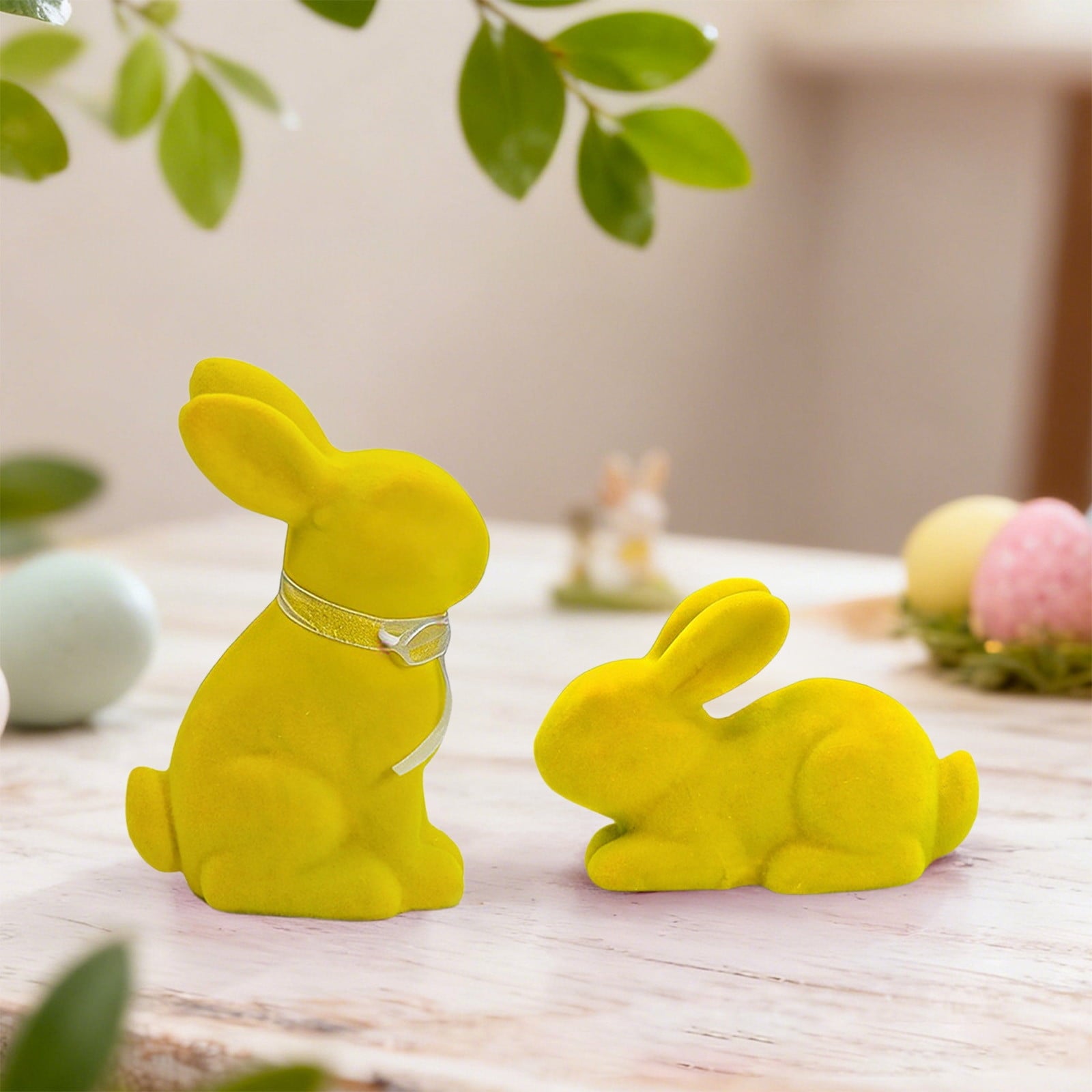Tyidzon Easter Bunny Figurines, Resin Moss Rabbit Statues Easter Decorations, Flocked Bunny Easter Ornaments for Home Spring Tabletop Outdoor, 4.3"