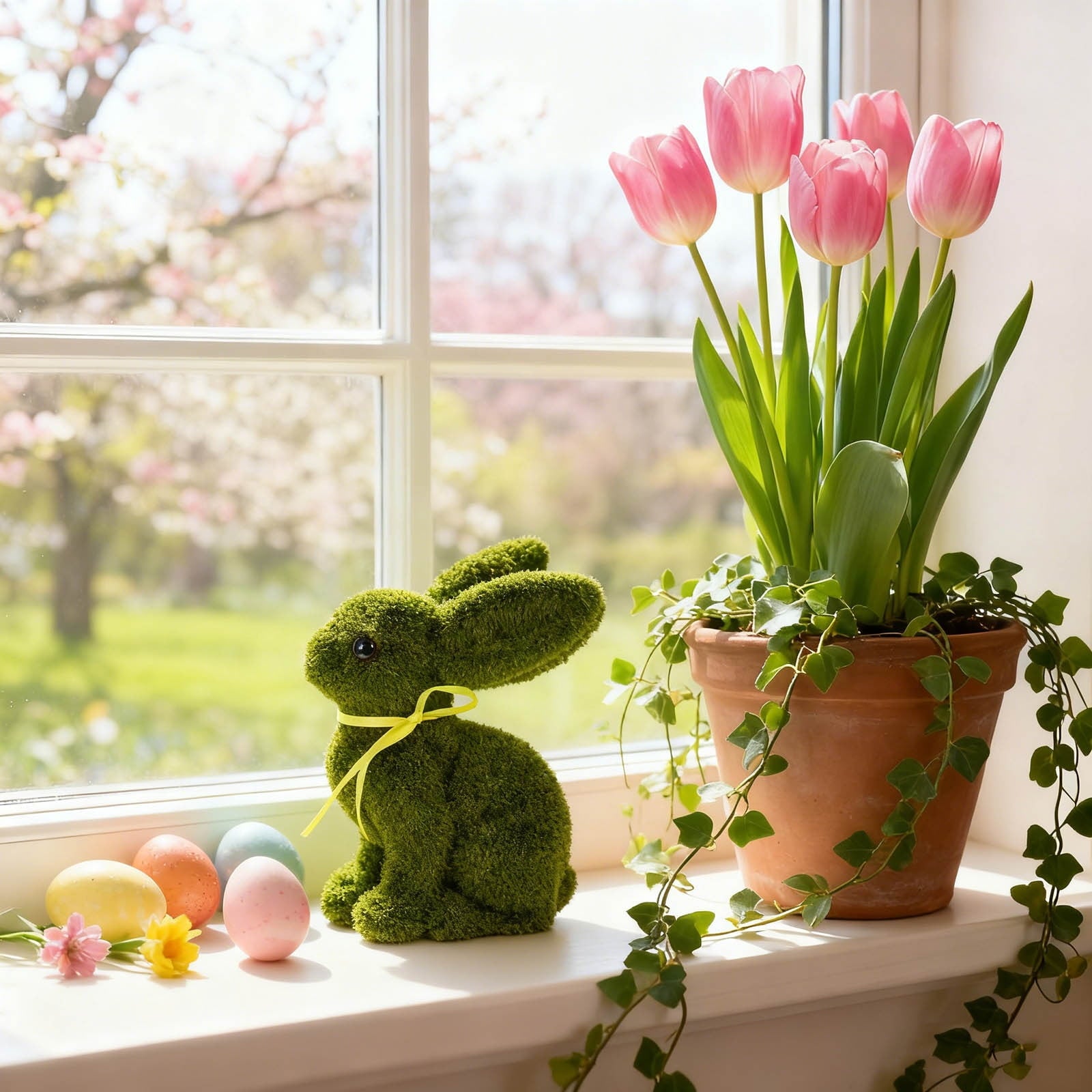 Tyidzon Easter Bunny Figurines, Resin Moss Rabbit Statues Easter Decorations, Flocked Bunny Easter Ornaments for Home Spring Tabletop Outdoor, 4.3"