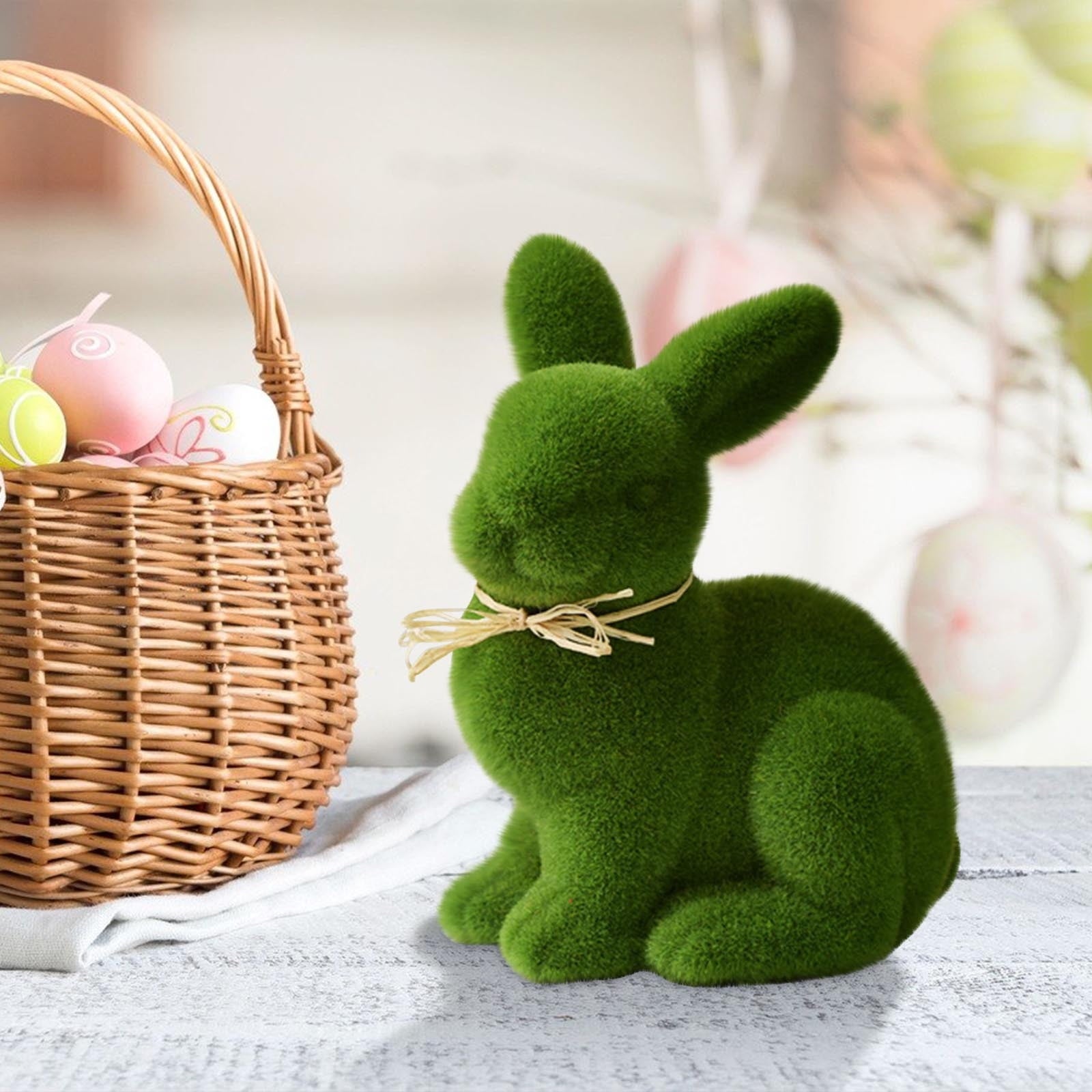 Tyidzon Easter Bunny Figurines, Resin Moss Rabbit Statues Easter Decorations, Flocked Bunny Easter Ornaments for Home Spring Tabletop Outdoor, 4.3"