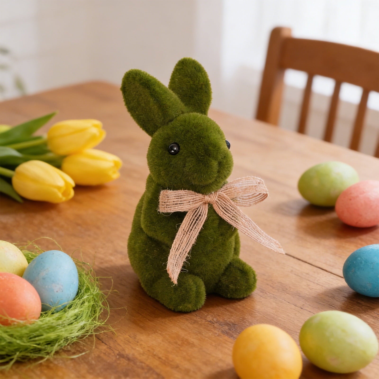 Tyidzon Easter Bunny Figurines, Resin Moss Rabbit Statues Easter Decorations, Flocked Bunny Easter Ornaments for Home Spring Tabletop Outdoor, 4.3"