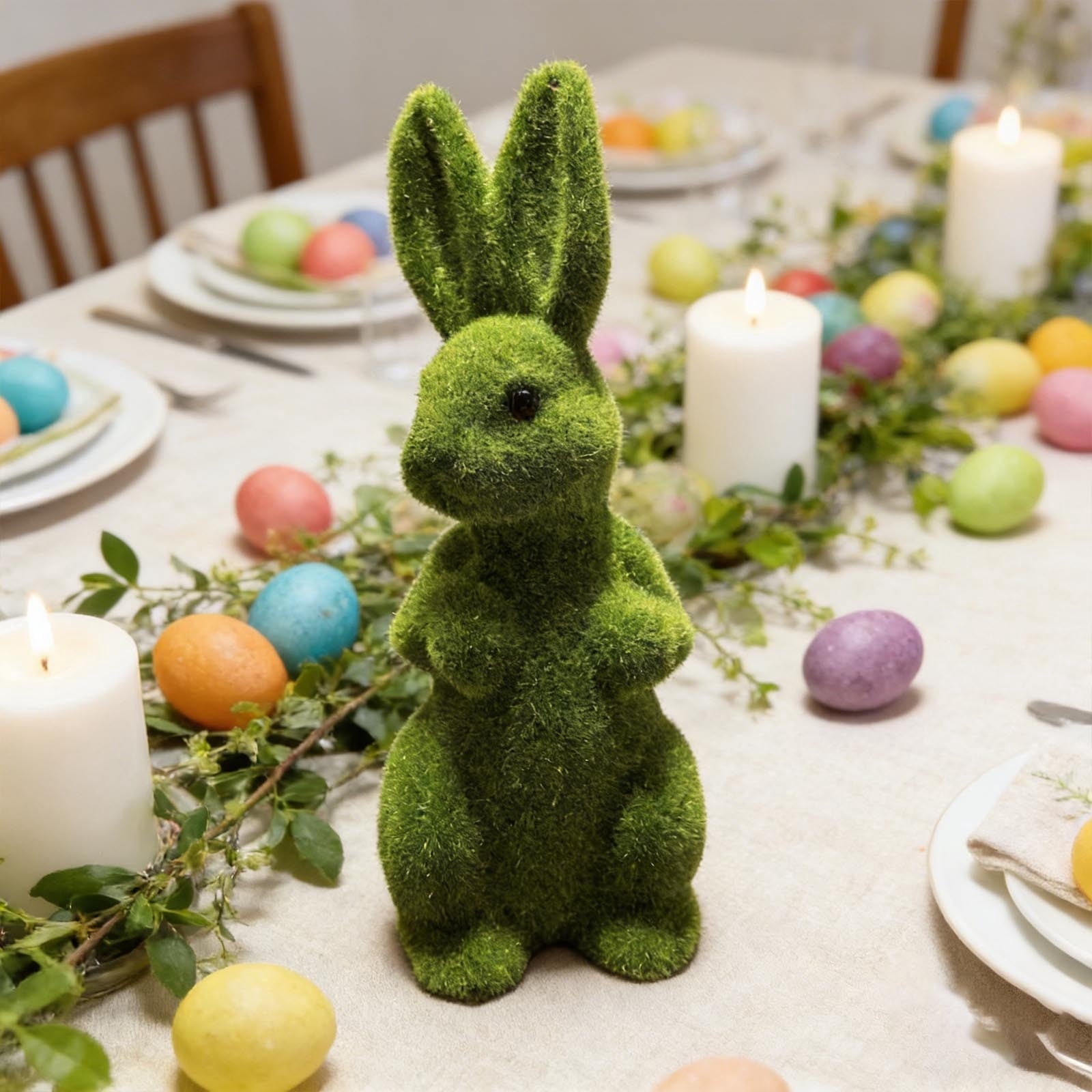 Tyidzon Easter Bunny Figurines, Resin Moss Rabbit Statues Easter Decorations, Flocked Bunny Easter Ornaments for Home Spring Tabletop Outdoor, 4.3"