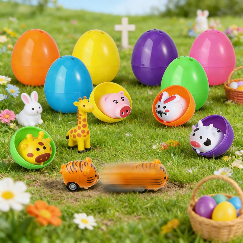 Tyidzon Easter Eggs with Toys Inside, 6 Pack Animal Car Toys in Plastic Eggs, 1.6" Mini Surprise Easter Egg for Basket Stuffers Eggs Hunt Party Favors