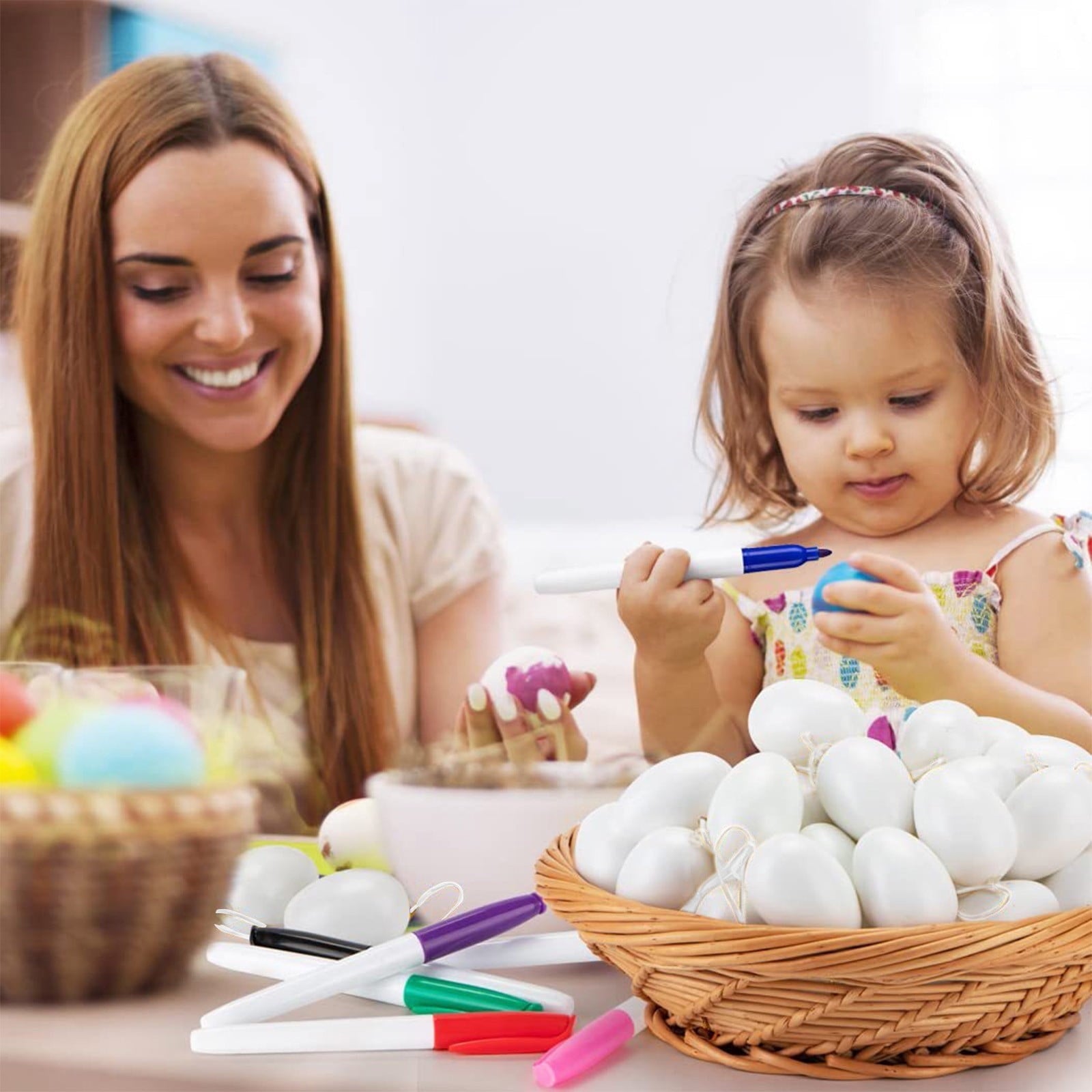 Vggrvlo 24PCS DIY Easter Eggs with 4 Pens Paper Mache Easter Eggs Craft Eggs for Easter DIY Craft for Party Ornaments Egg Hunt 3.2"