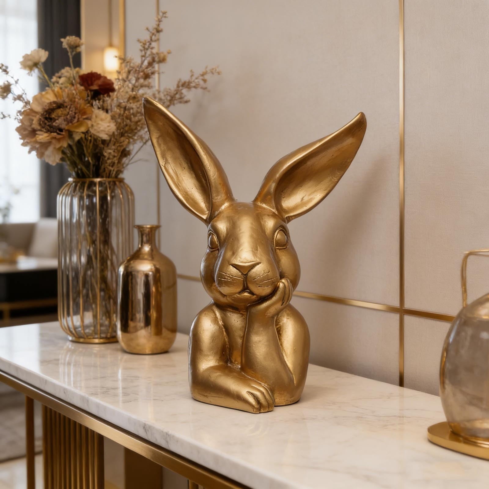 WKSCLPAI Easter Rabbits Decoration 8 Inch Vintage Gold Resin Bunny Statue Spring Rabbit Figurines Easter Table Centerpiece Decorative Bunny Sculpture Collectibles Gift for Home Indoor Decor