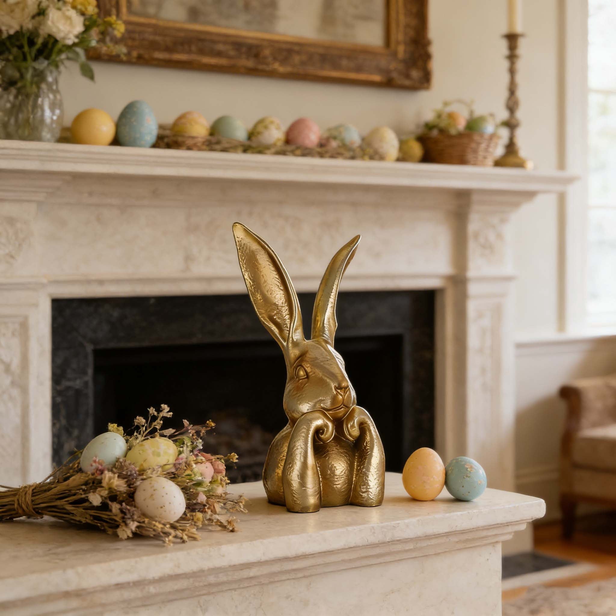 WKSCLPAI Easter Rabbits Decoration 8 Inch Vintage Gold Resin Bunny Statue Spring Rabbit Figurines Easter Table Centerpiece Decorative Bunny Sculpture Collectibles Gift for Home Indoor Decor